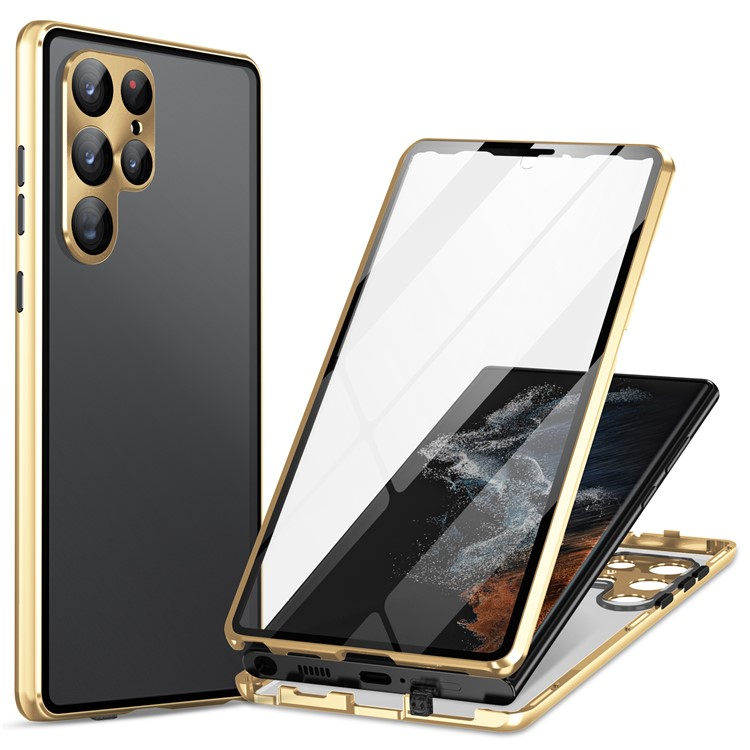 Samsung Galaxy S24 Ultra Magnetische Alu Schutzhülle mit Panzer Glas Backcover   Display- / Kameraglasschutz (Verschlussmechanismus) - Gold