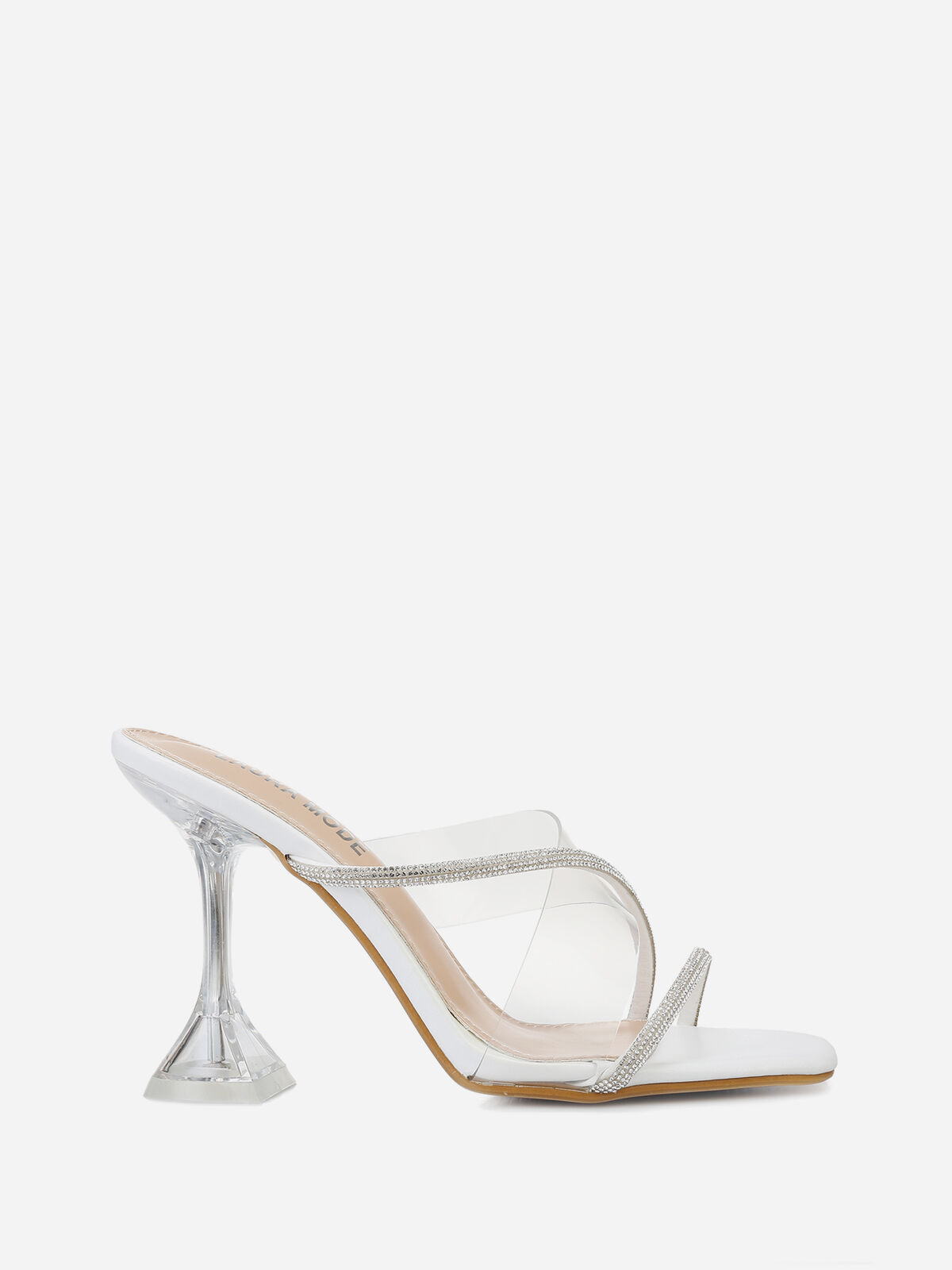 Mules à brides strass et talon transparent- Blanc