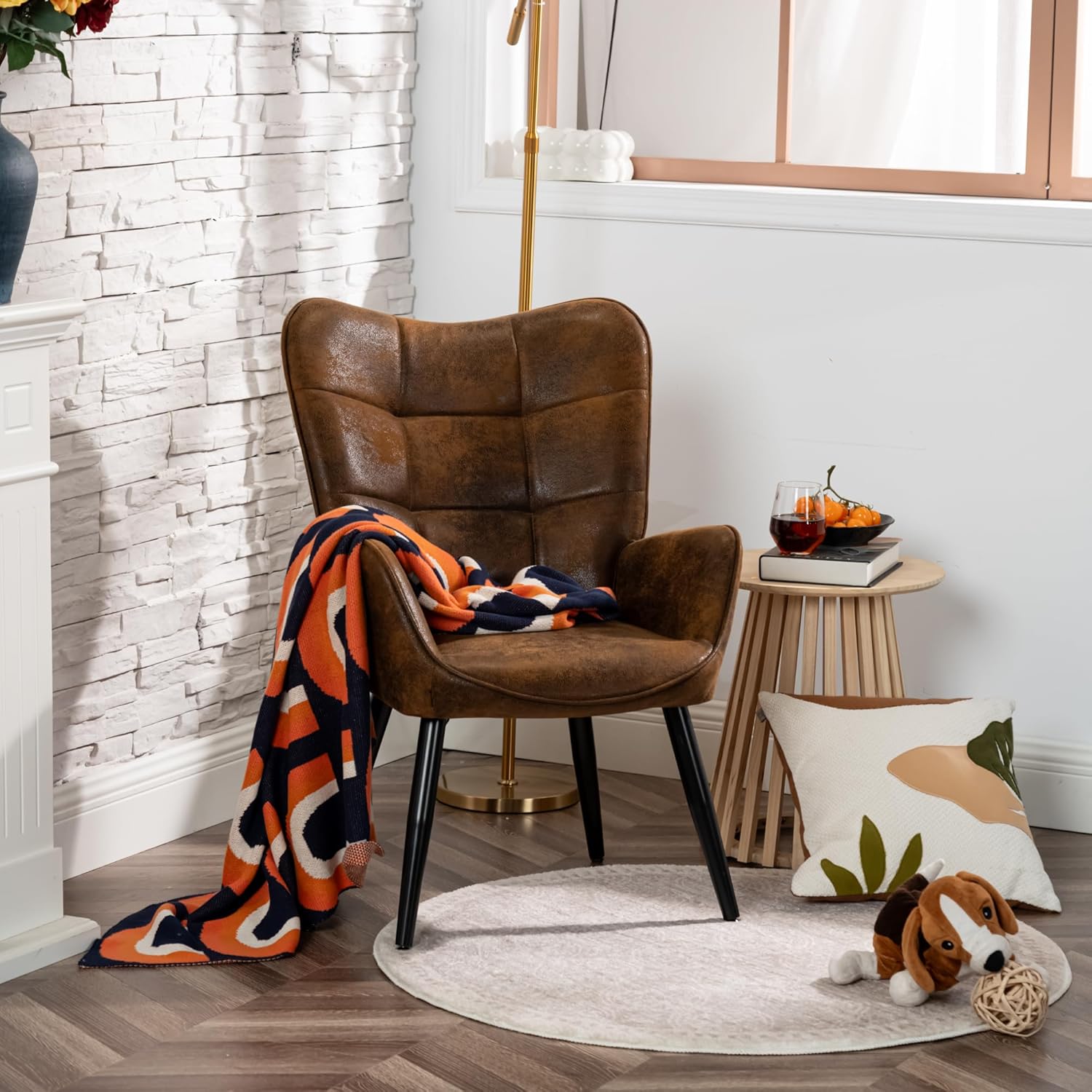 MEUBLE Cosy Sessel Relaxsessel Lehnstühle Polstersessel Einzelsofa mit Metallbeinen Ohrensessel für Wohnzimmer Schlafzimmer Büro Vanity, Wildleder, Braun