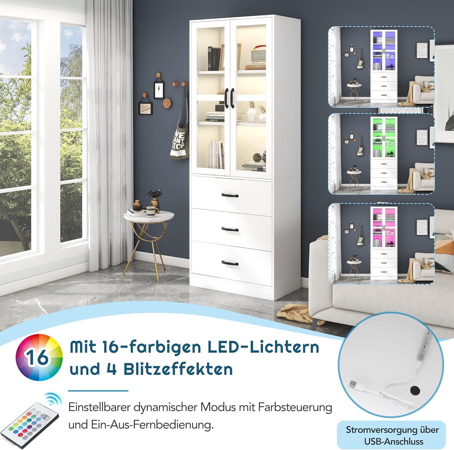 Merax Vitrine mit LED-Lichtern, Modern Standvitrine mit 2 Glastüren und 3 Schubladen, Glasvitrine Highboard mit viel Stauraum, Aufbewahrungsschrank Bücherschrank für Wohnzimmer Büro Esszimmer, Weiß