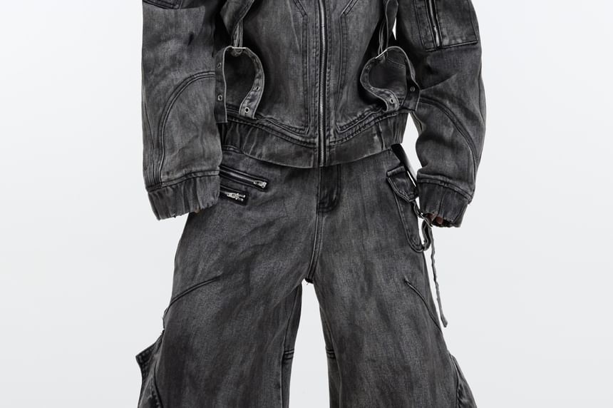 Nataro - Mid Rise Washed Wide Leg Cargo Jeans