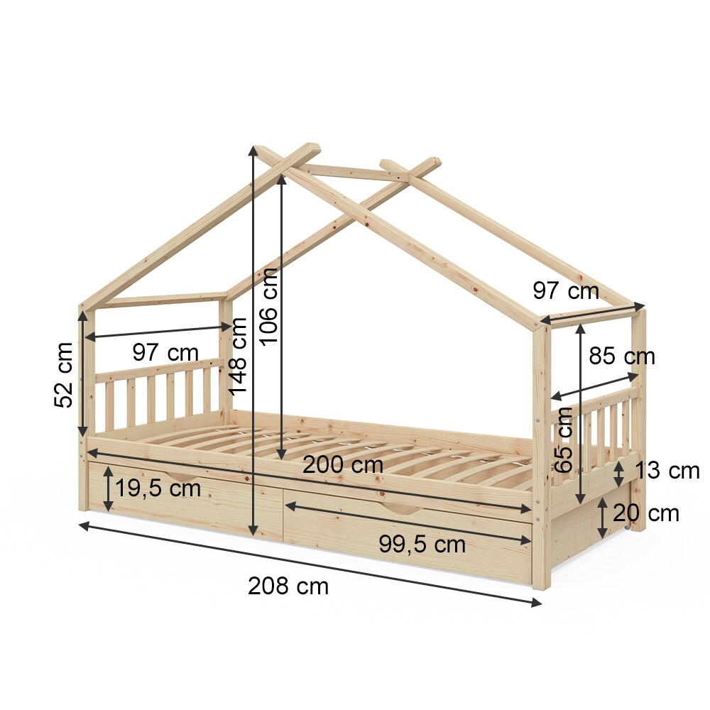 VitaliSpa Kinderbett Hausbett Kinderhaus Design NAT Lattenrost 90x200 Schublade