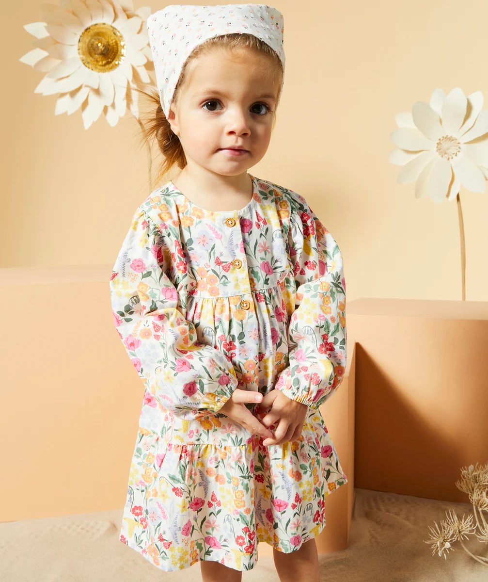 ROBE MANCHES LONGUES BÉBÉ FILLE EN COTON BIO AVEC IMPRIMÉ FLEURI