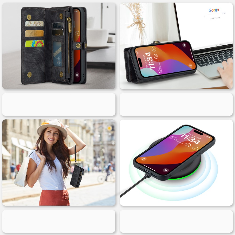 iPhone 16 Pro Max 2in1 Leder Tasche   Magnet Hardcase Karten Etui - Schwarz