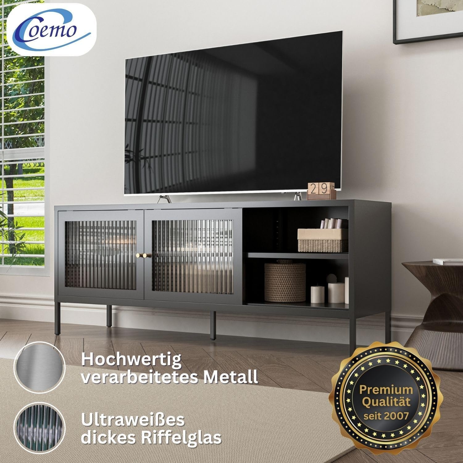 Modernes Sideboard 'Tokio' Schwarz - Praktisches Lowboard für Wohn- oder Schlafzimmer - Metall TV-Schrank mit Regalablage und schiebbaren Glastüren - Kommode für Fernseher, HiFi, Bücher, Dekoration