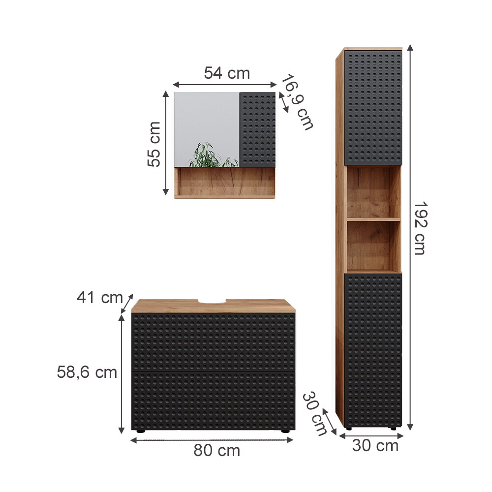 Vicco Badmöbel-Set Irma Eiche Anthrazit 3-teilig Hochschrank Waschbeckenschrank 80 cm