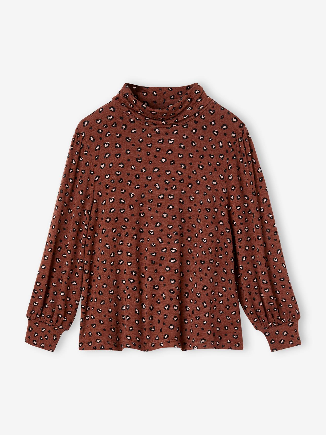 Camiseta de gola alta feminina na cor chocolate com estampa.