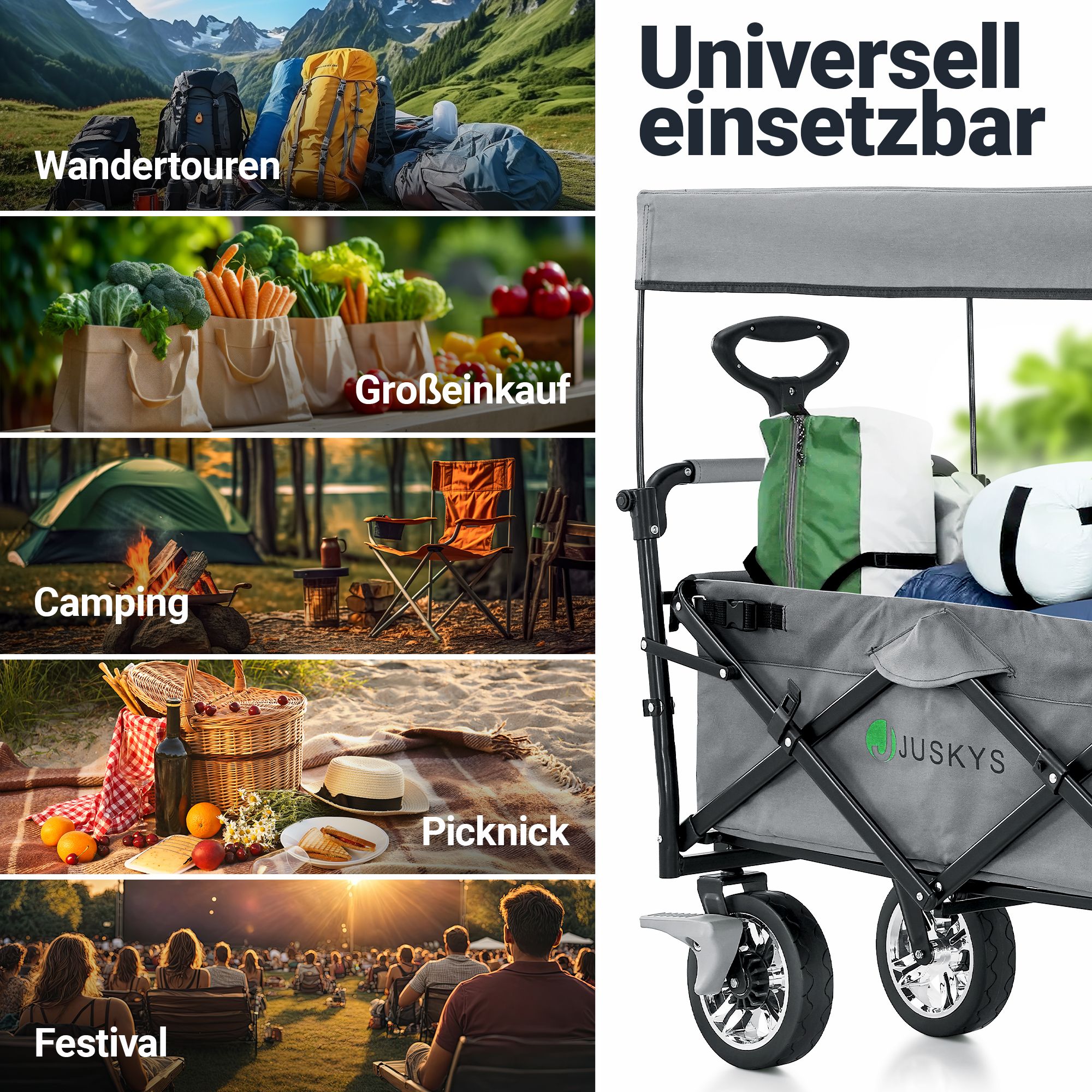 Juskys Bollerwagen mit Dach & Tasche - Wagen bis 120 kg belastbar - Handwagen faltbar - Dunkelgrau