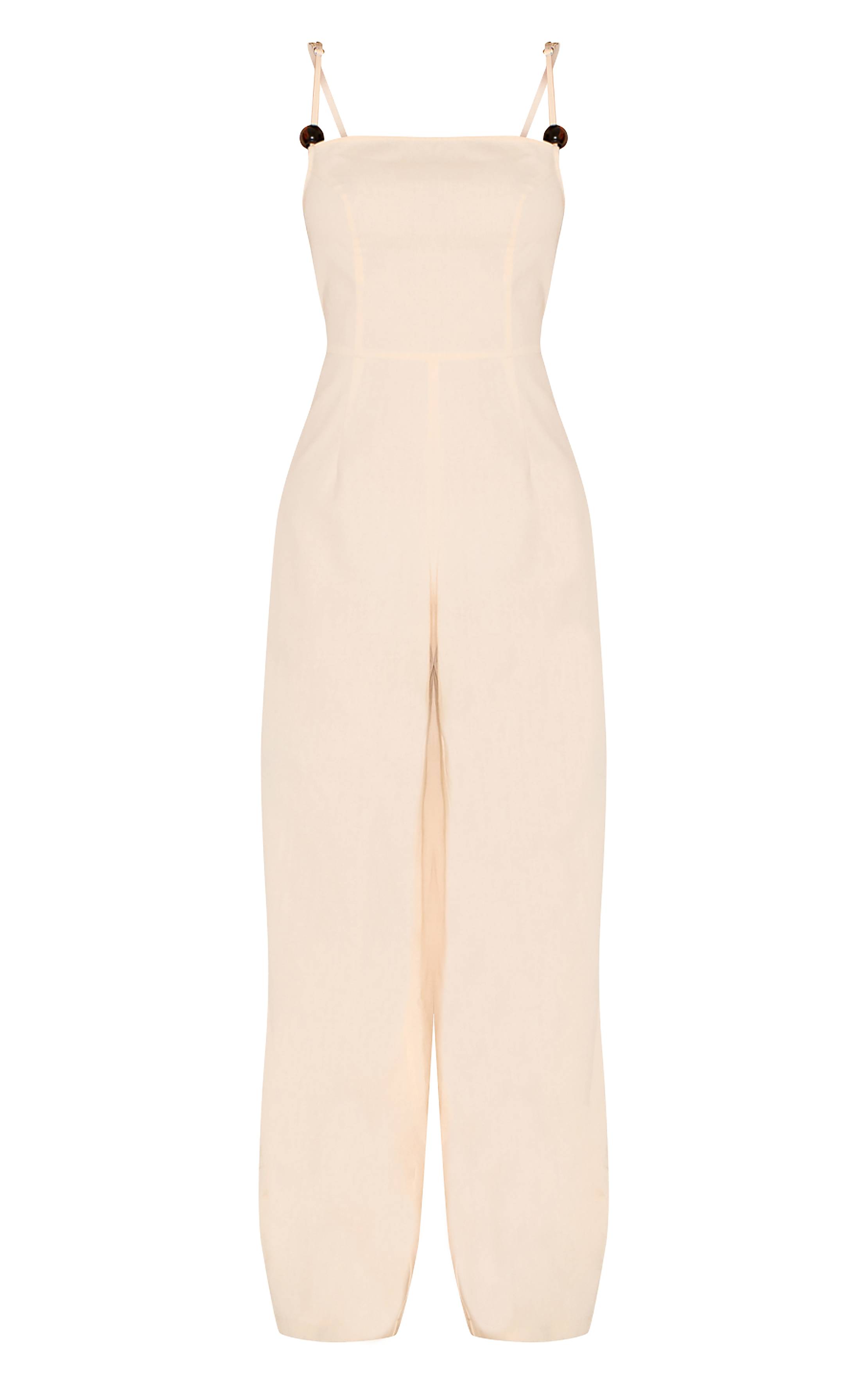 Naturel Combinaison-pantalon En Mélange De Lin À Encolure Droite Avec Détails De Perles