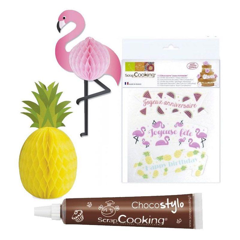 Kit anniversaire Tropical décors azyme + boules alvéolées + 1 Stylo ch