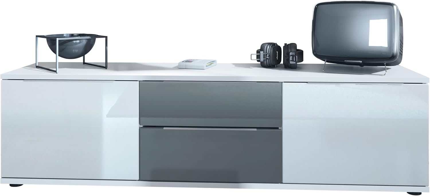 Vladon TV Lowboard Linio V1, Fernsehtisch mit 2 Türen und 2 Schubladen – Weiß/Grau Hochglanz (138,5 x 37,5 x 35 cm)