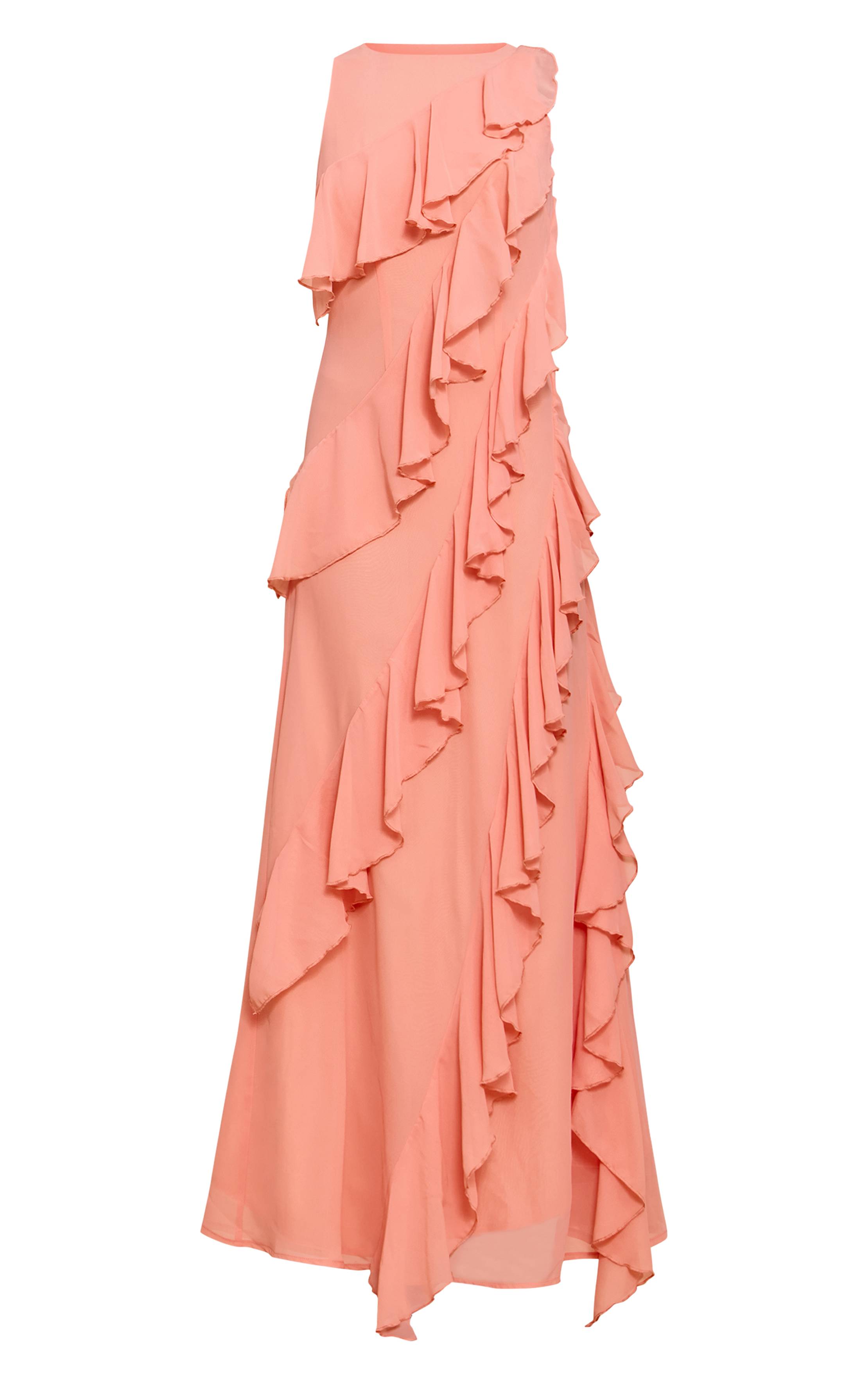 Pêche Robe Longue Sans Manches À Col Bateau Avec Détails À Volants