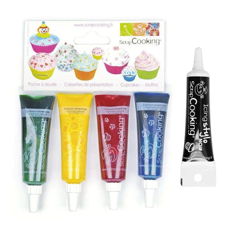 4 colorants alimentaires liquides bleu, rouge, jaune, vert + Stylo gla