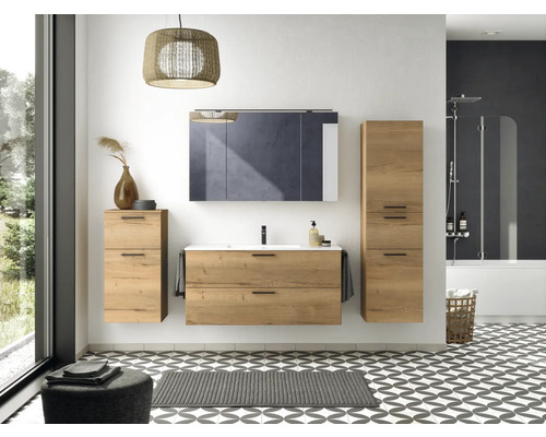 Badkamermeubelset NOBILIA Programma 2 BxHxD 121 x 59,1 x 48,7 cm Frontkleur eiken natuur met wastafelonderkast wit Greep zwart 286