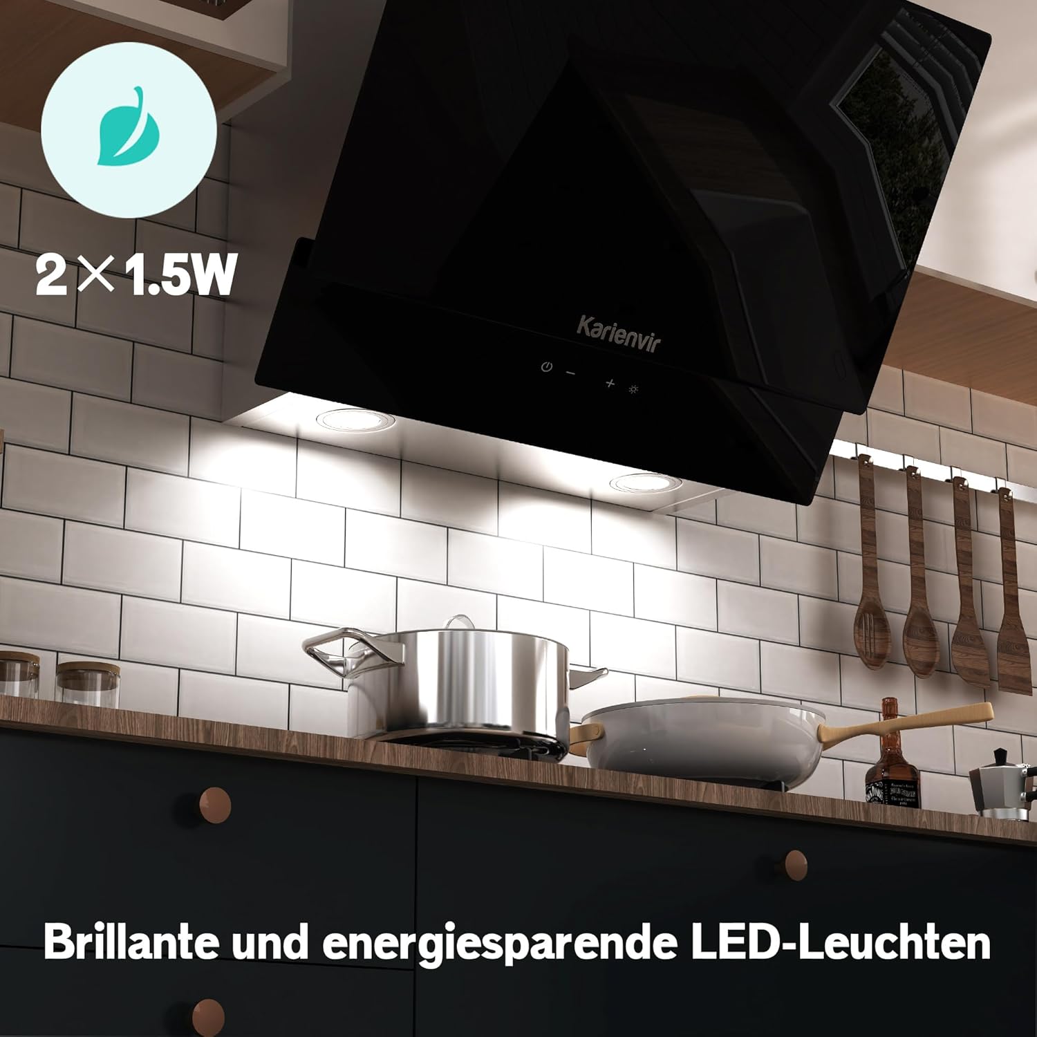 Dunstabzugshaube 60cm Seitenansaugung, 500m³/h Saugleistung, A++ Energieeffizienz, Edelstahl 430, 2x 1,5W LED-Beleuchtung, Touchpanel