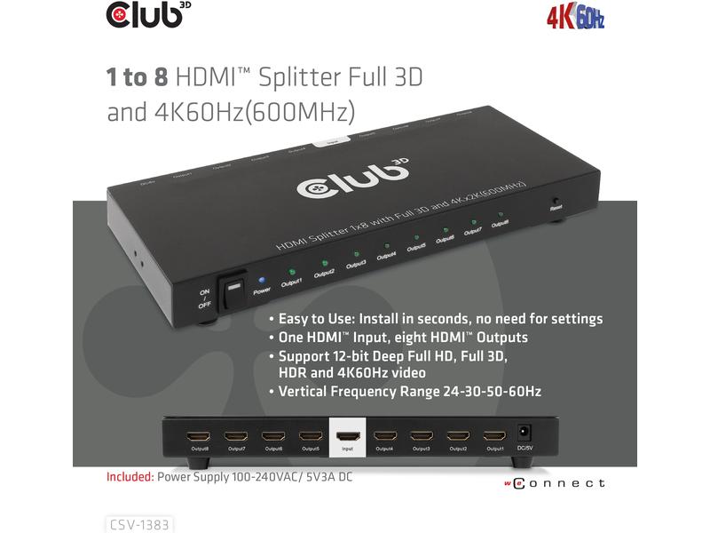 Club 3D 8-Port Signalsplitter CSV-1383 1 auf 8 HDMI-Verteiler