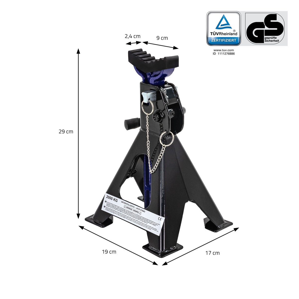 ECD Germany 2-delige assteunen, 2 ton, TÜV/GS-gecertificeerd, in hoogte verstelbaar 280-440 mm hefhoogte, met veiligheidsvergrendeling en rubberen pads, auto-assteunen, steunpoten, assteunen, parkeersteunen, 2000 kg