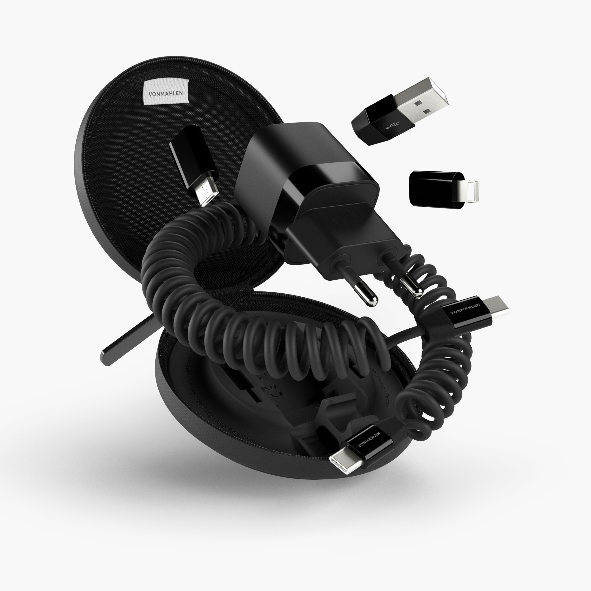 Allroundo® GaN (30W) 6in1 USB C / USB A Ladegerät Netzteil PD   USB C auf USB C / Lightning / Micro USB Spiralkabel Ladekabel (ACG00002) - Schwarz