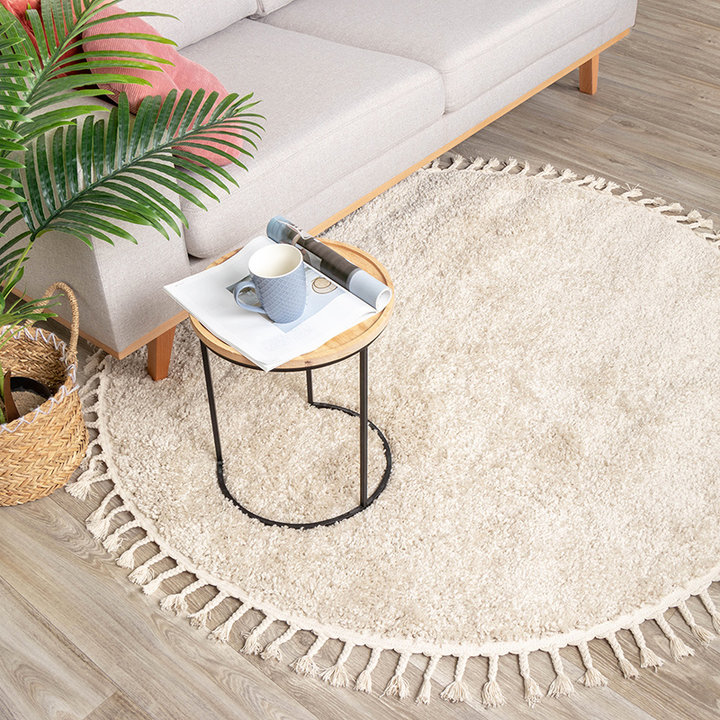 Rond hoogpolig vloerkleed - Lofty Fringe Creme/Wit