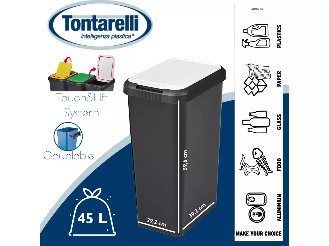 Corbeille Touch&lift 45 litres noir avec couvercle blanc 29,2 x 39,2 x 59,6