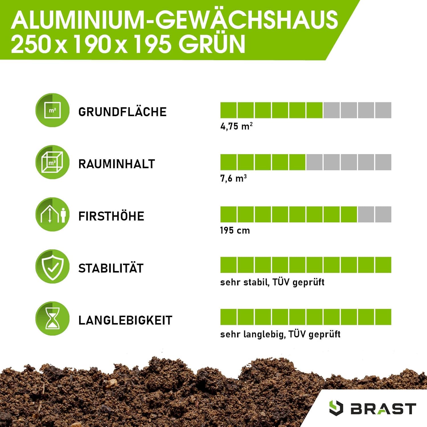 BRAST Gewächshaus Aluminium mit Fundament | 42 Modelle | 130x190x195cm - 490x250x235cm | TÜV geprüft | 6mm Hohlkammerplatten | rostfrei wetterfest temperaturbeständig | 250x190x195cm Grün