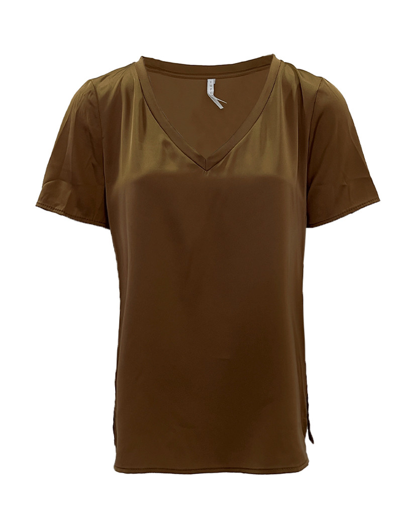 IMPERIAL TOP FEMME SATIN COL V TABAC