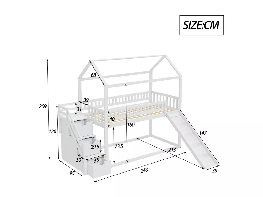 Lit superposé enfant 90x200 cm, lit mezzanine avec toboggan et échelle de rangement, barrière haute, cadre de lit en bois massif, blanc