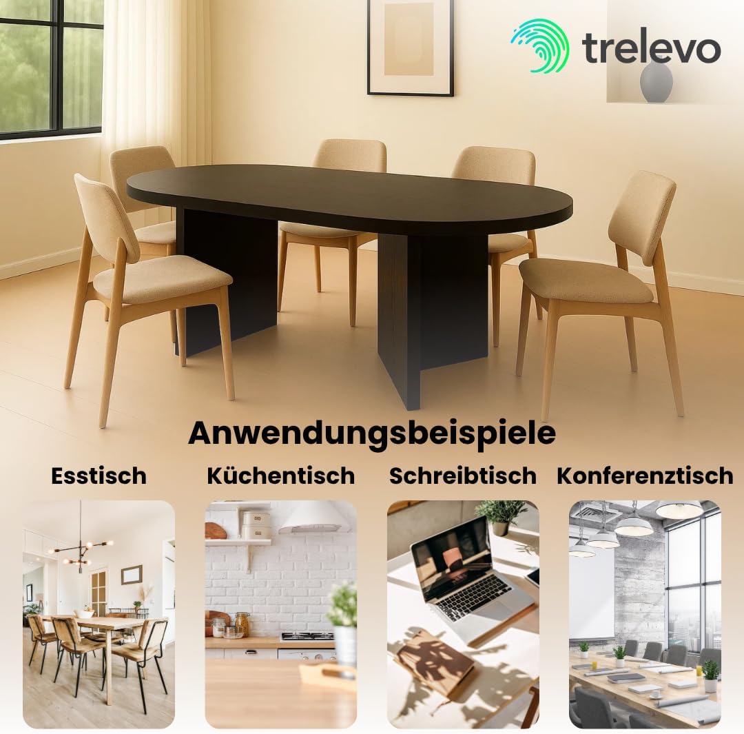 Esszimmertisch 160x90 cm, Schwarze-Optik, Tischplatte gerade Kanten 40mm, ovealer Esstisch, Tischbeine V-Form, Holztisch Esszimmer
