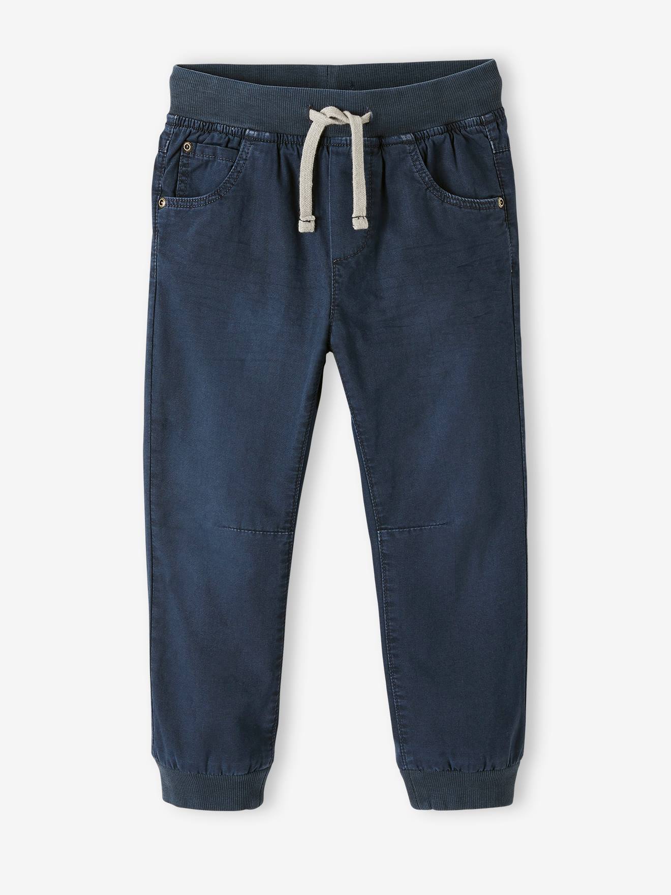 Calças de moletom forradas com lã polar, fáceis de vestir, para meninos, lisas na cor azul-escura com estampas.