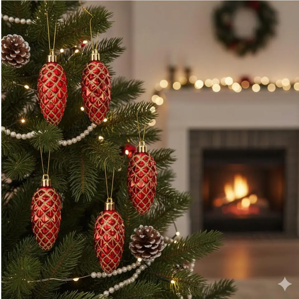 Christmas goods Kersthangers - 6x - dennenappels - rood - 9 cm
