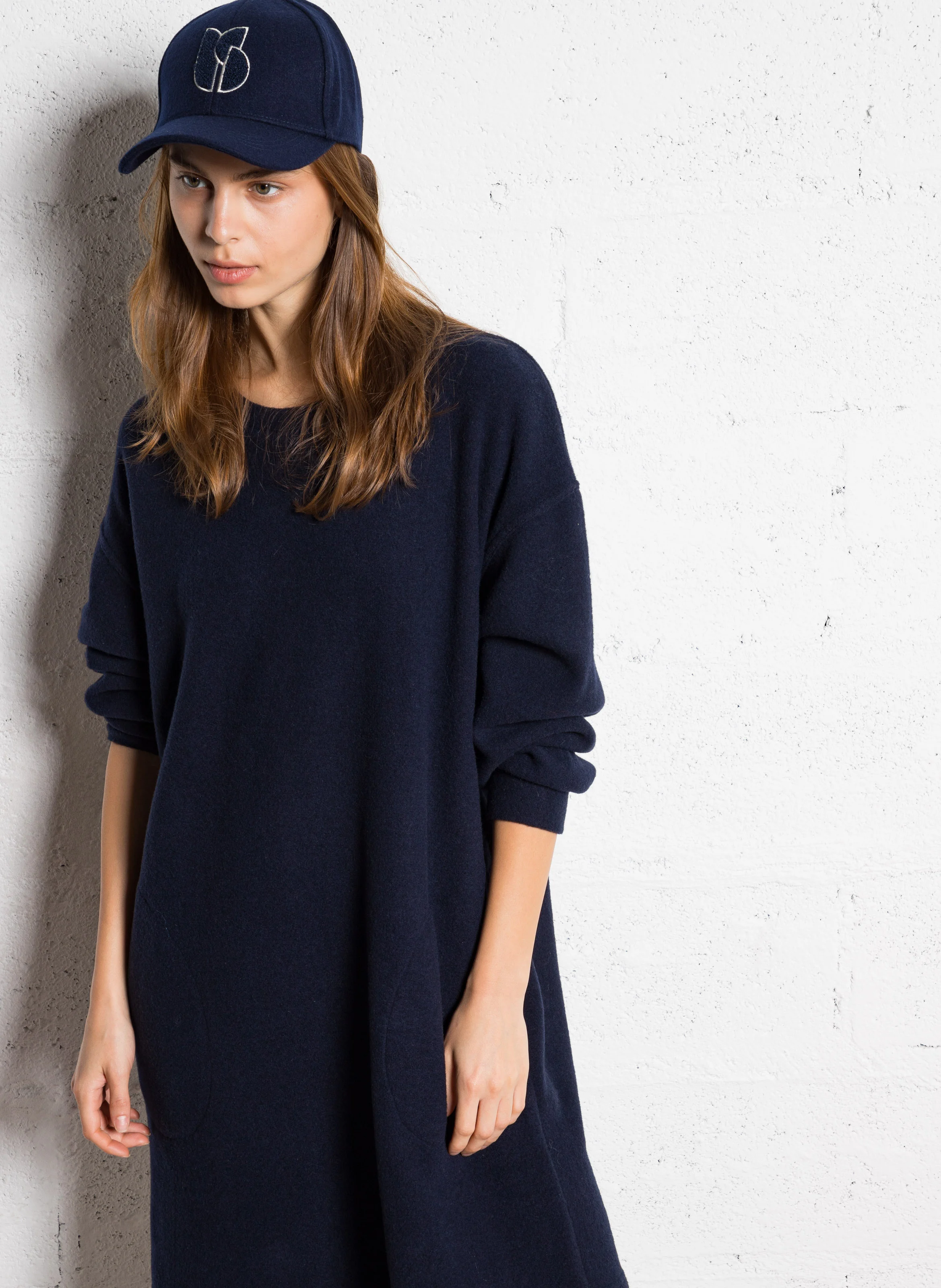 KIMELA - Robe courte col rond en laine et coton mélangé | Bleu