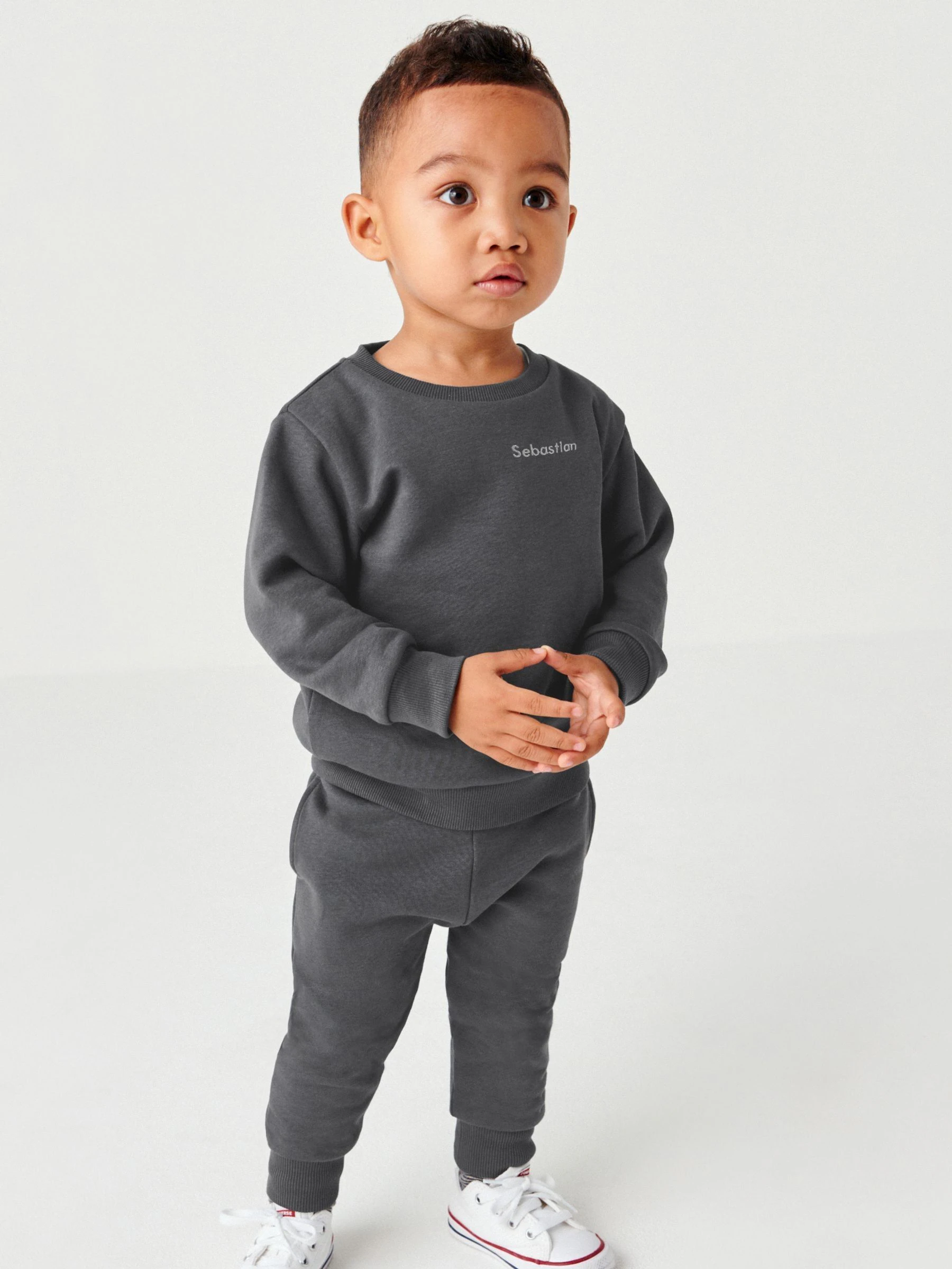 Antraciet - Gepersonaliseerde set met jersey sweatshirt en joggingbroek (3 mnd-7 jr)