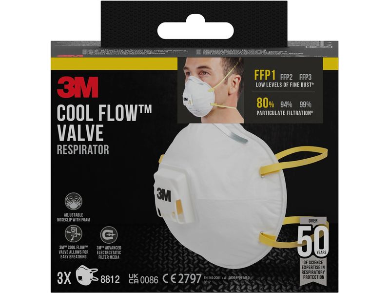 3M Atemschutzmaske 8812, FFP1, Ventil, 3 Stück Feinstaubmaske für Handschleifen, FFP1 - mit Ausatemventil