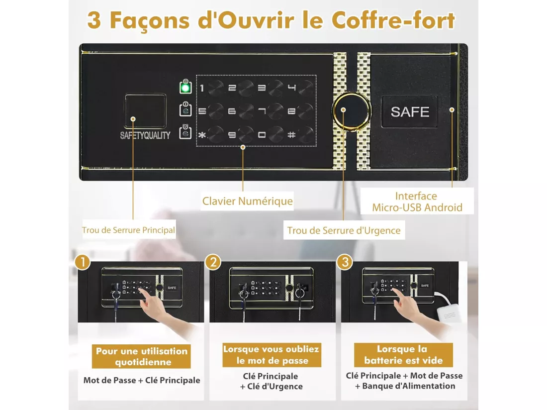 Coffre-fort de Sécurité Électronique 45L, avec Clavier Numérique, Système d'Alarme, Étagère Amovible, 2 Clés Principales et 2 d'Urgence, 36 x 31 x 41 CM