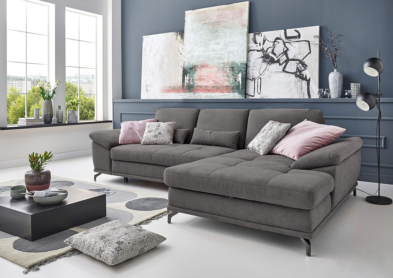 Cavadore Ecksofa Castiel mit Federkern / Großes Sofa in L-Form mit Sitztiefenverstellung und XL-Longchair / 312 x 89 x 173 / Webstoff, Grau