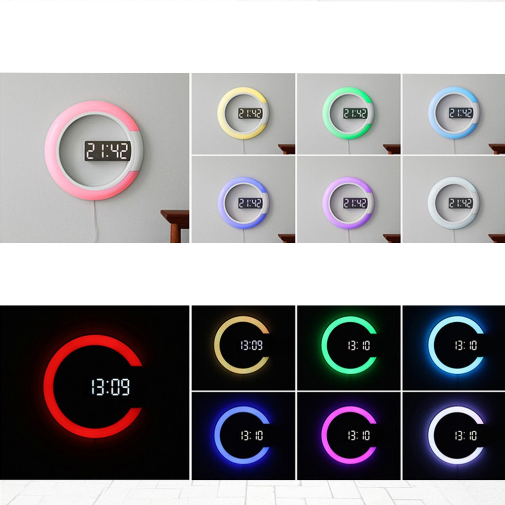 (Ø30.5cm) Digitale LED Wanduhr Spiegel Wecker mit RGB Ring Nachtlicht - Weiss