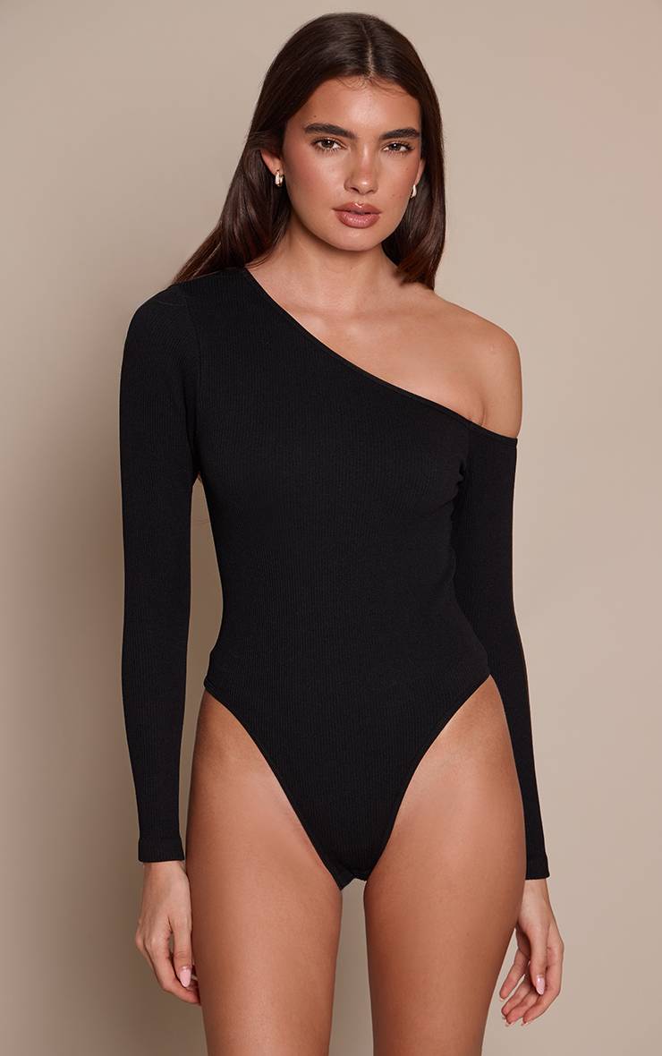 Noir Body Asymétrique Côtelé Contour À Manches Longues