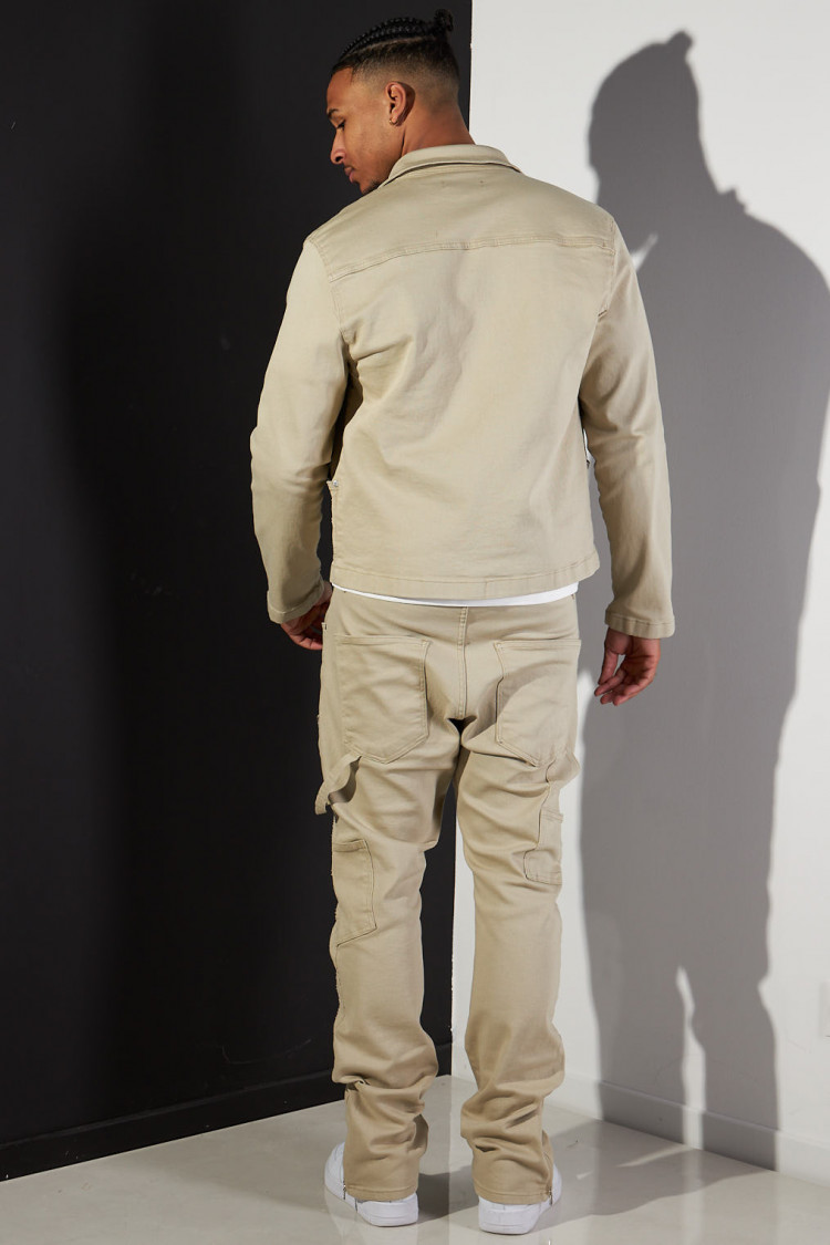 Ensemble 2 pièces veste + jean beige à motif losange
