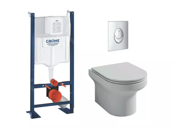 Pack WC suspendu sans bride JACOB DELAFON + Bâti support wc Grohe + plaque commande chromé rond Quickfix