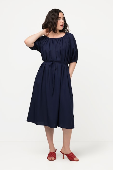 Midikleid, Bindegürtel, Rundhals, Ballon-Halbarm