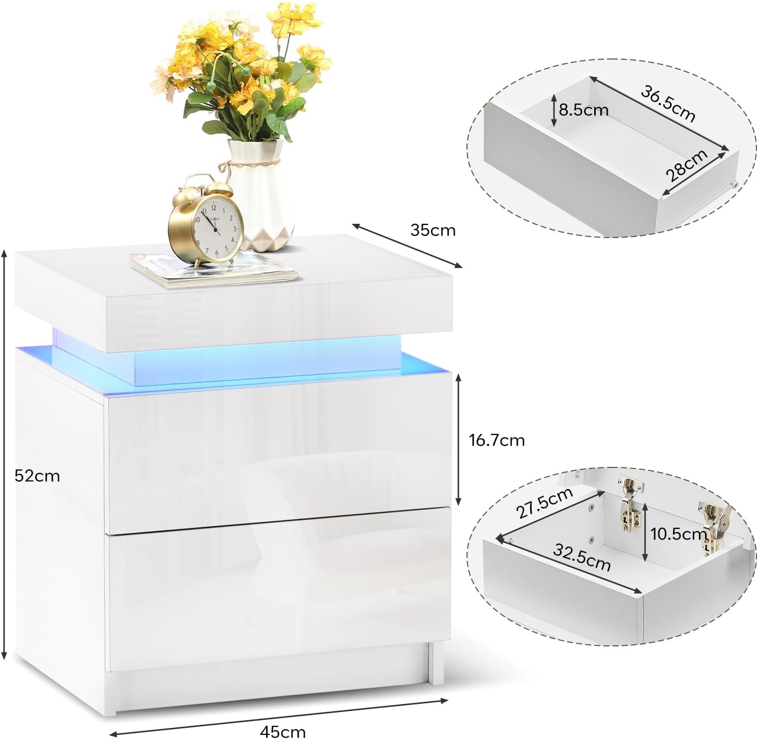 TUKAILAI 2X Nachttisch Weiß mit RGB Led Licht 2 Schubladen Nachtschrank Holz Beistelltisch Organizer Einheit Nachtkonsole Nachtkommode für Schlafzimmer Wohnzimmer