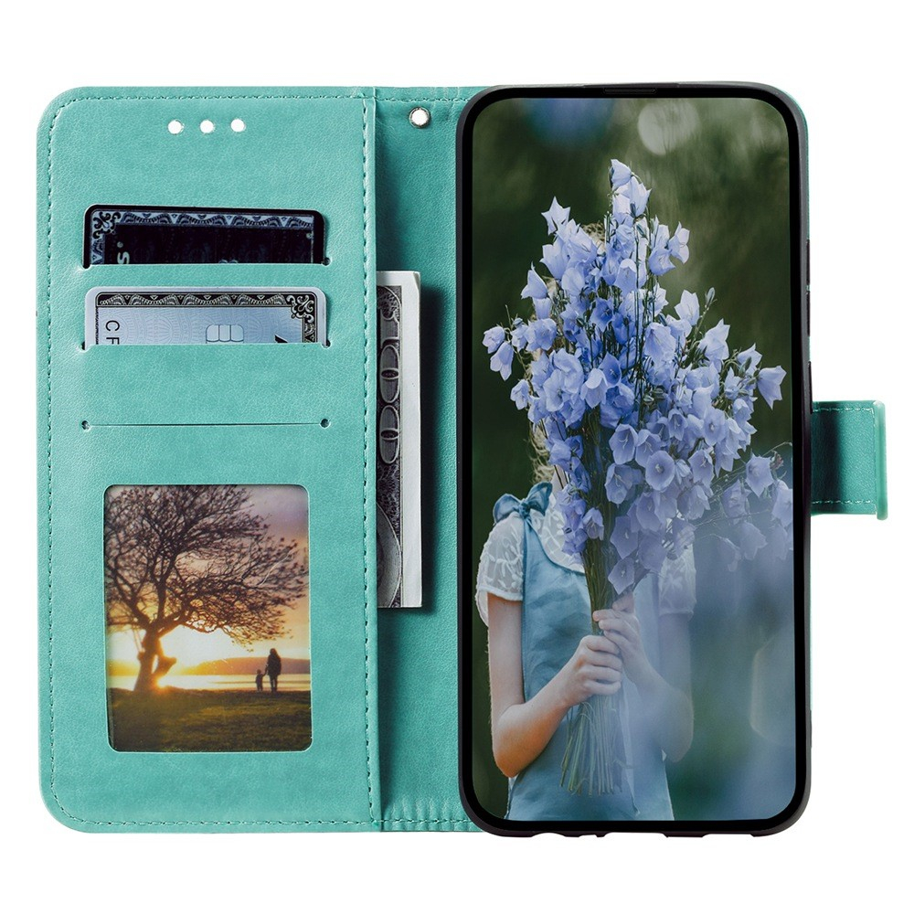iPhone 15 Leder Tasche Wallet - Mandala Flowers Imprint - Türkis