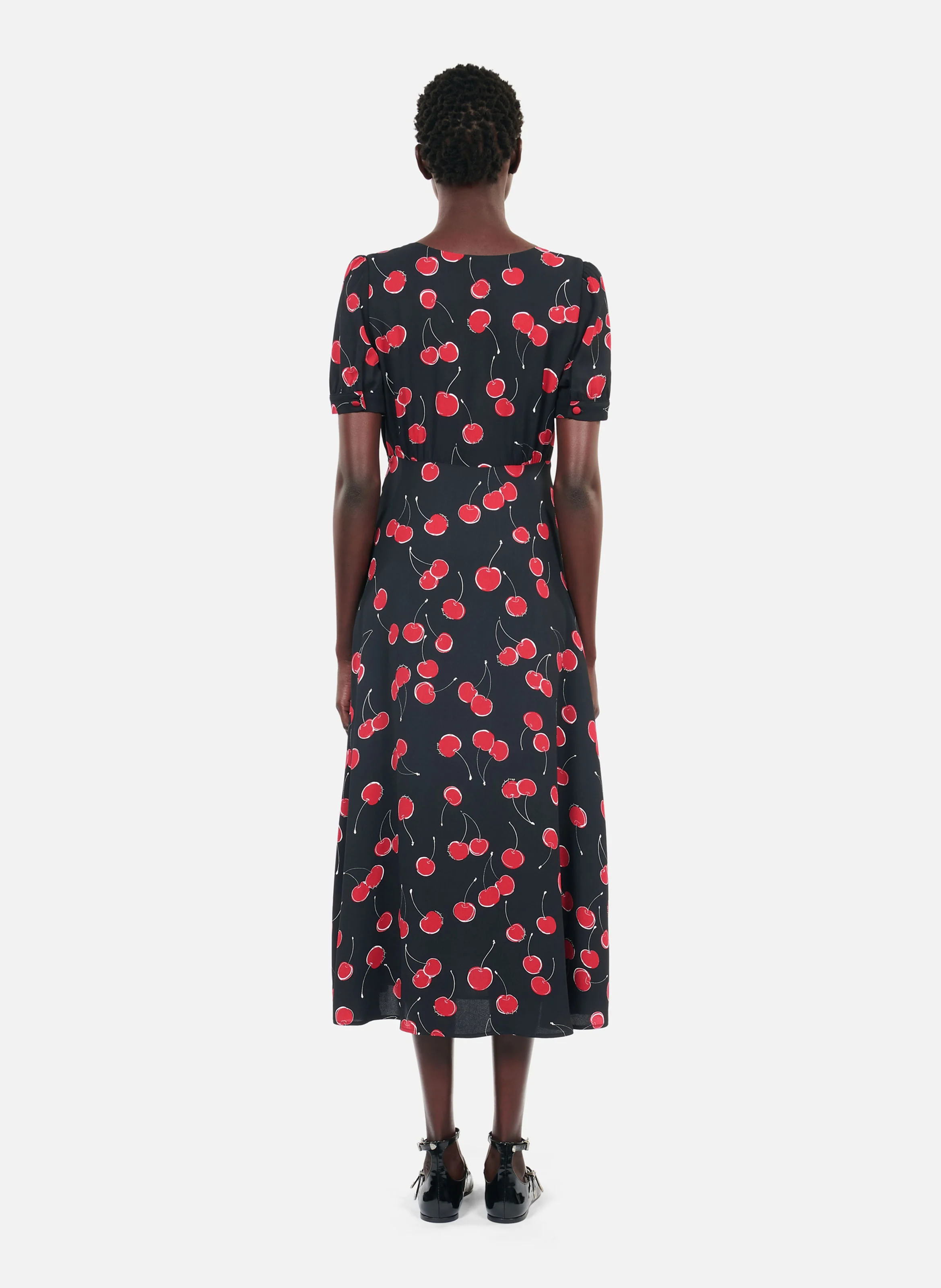 Robe longue col V imprimé cerise | Noir