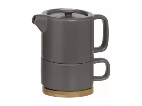 Théière + tasse en faïence et bambou - taupe - Contenance 0.4L