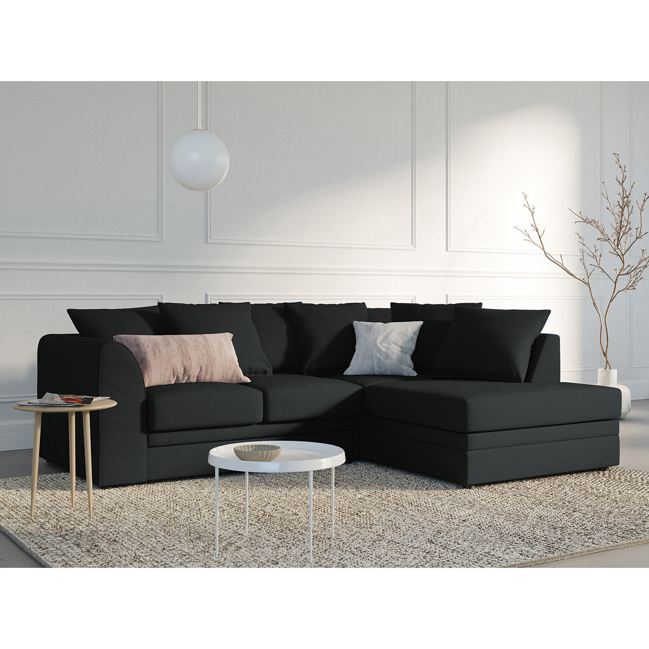 Mazzini Sofas Canapé d'angle Droit Quince Velours côtelé 4 Places noir - 221x171x80 cm