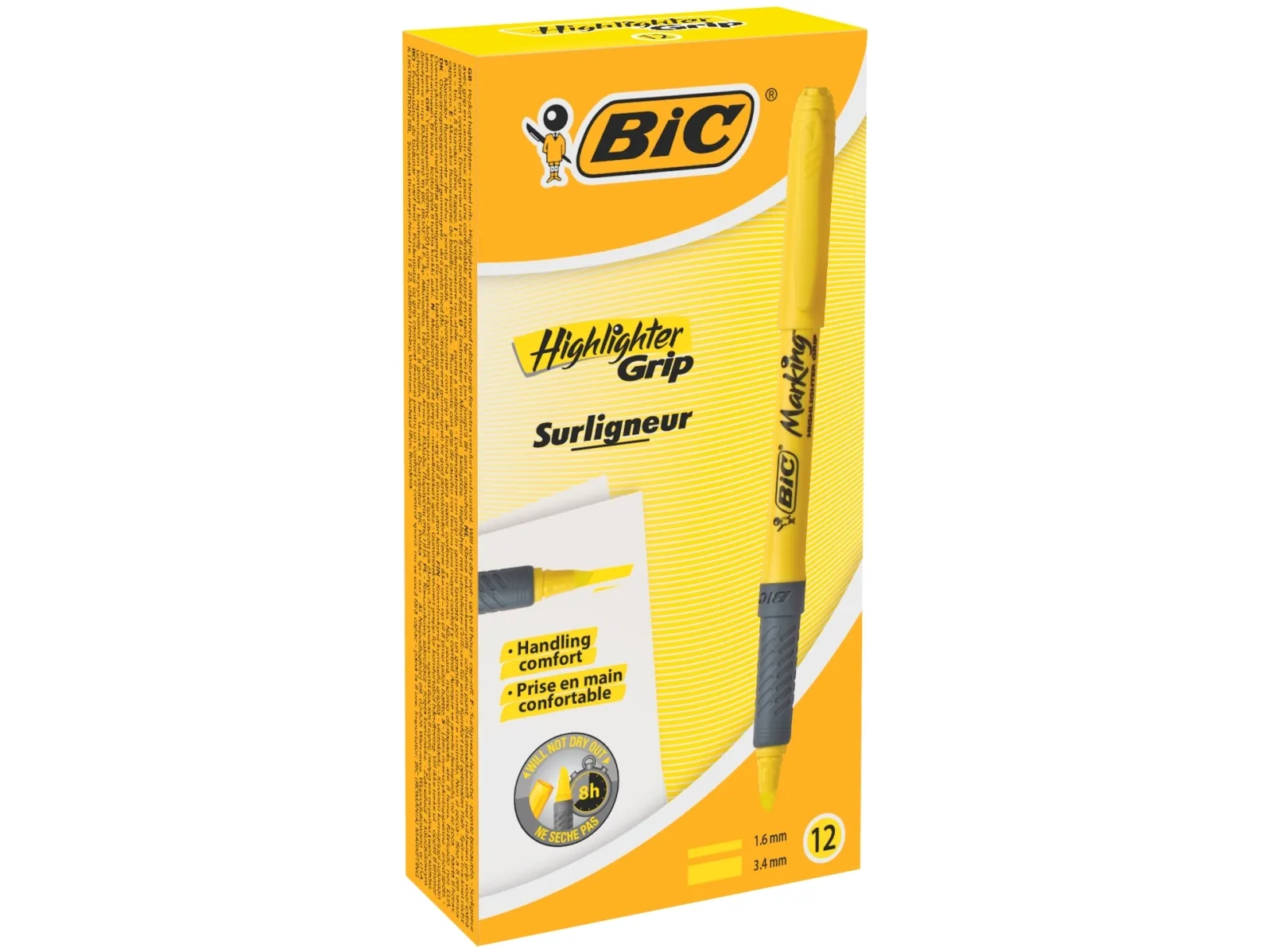 Overstregningspen BIC Highlighter Grip gul med skrå spids - (12 stk.)