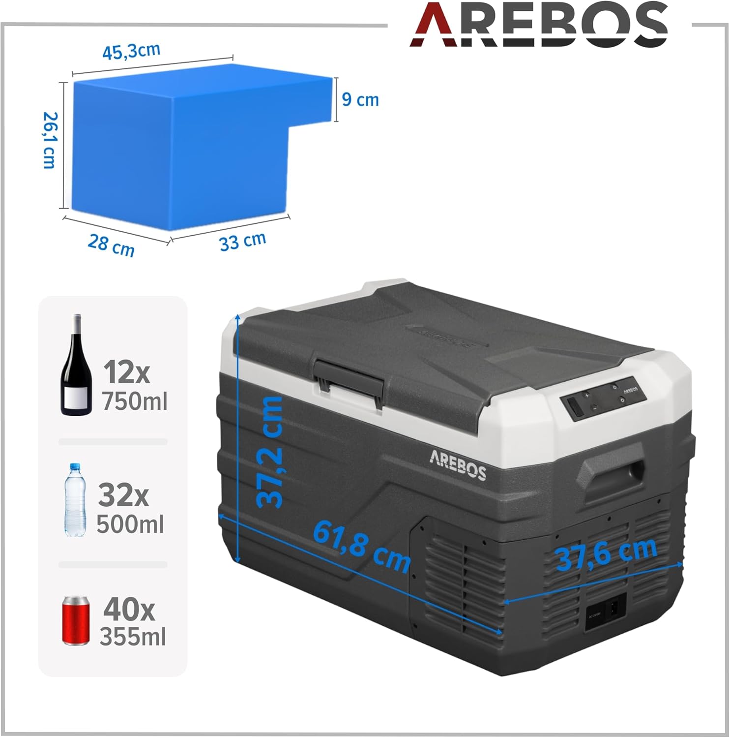 Arebos Kompressor Kühlbox 26 Liter | Elektrische Gefrierbox mit APP & Smart-Steuerung | Mobile Kühltruhe mit USB-Anschluss | bis -20 °C | 12/24 V 230V | für Auto,LKW,Camping,Boot,Wohnmobil