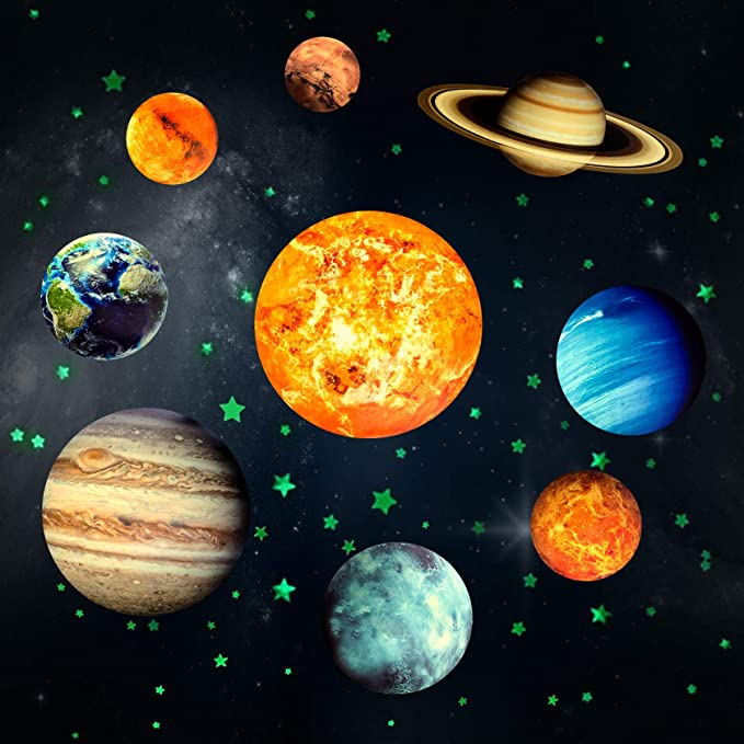 (49-tlg. Set) Leuchtsterne Fluoreszierende Planeten Wandsticker Sternschnuppen Himmel fürs Kinderzimmer