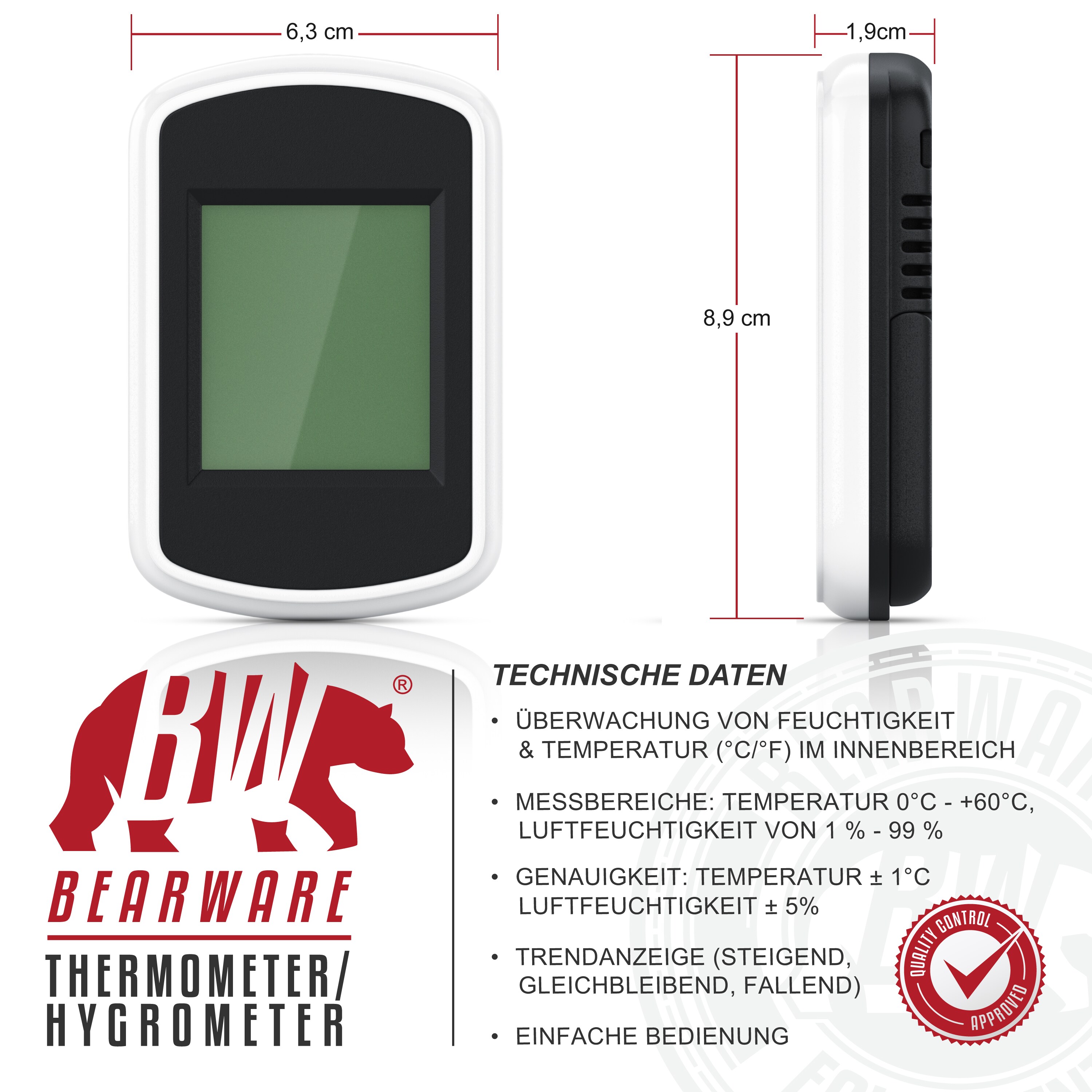 BEARWARE Thermometer Hygrometer - Temperatur und Luftfeuchtigkeitmessgerät - Komfortsymbole - Trendanzeige - °C - Haltemagnete und Standfuß