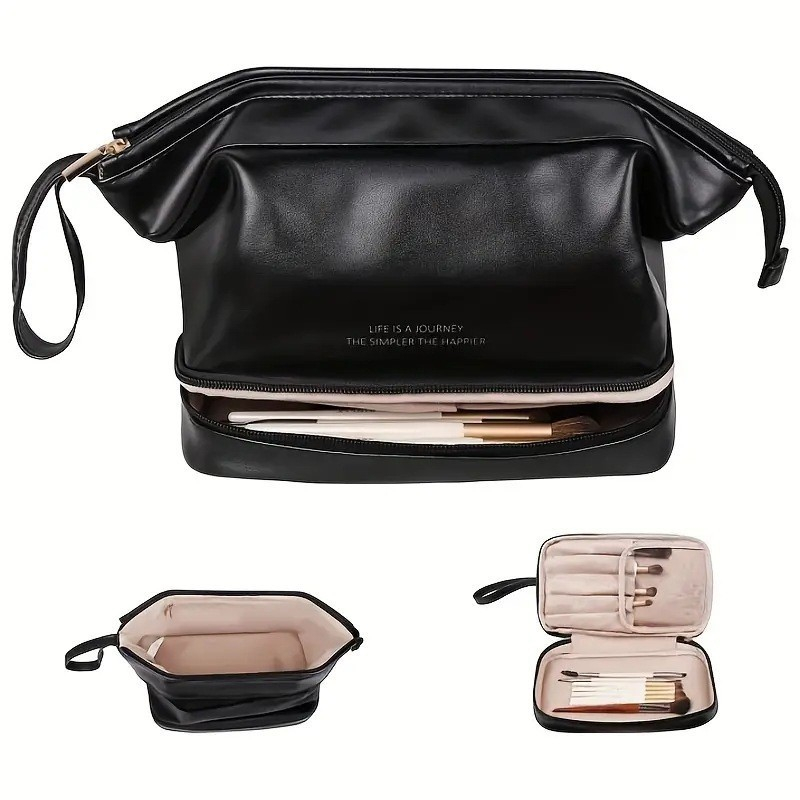 (24x16cm) Leder Kosmetik Make Up Tasche Necessaire Organizer Bag mit Bodenfach - Schwarz